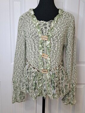 Terra Nostra Vintage Fairycore Distressed Knit Sweater Green White Size Large